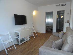 sala de estar con sofá y TV de pantalla plana en Carmen Apartamentos, en Málaga