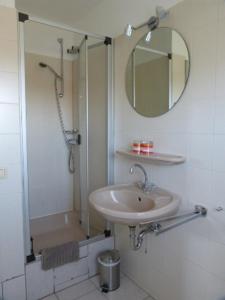 a bathroom with a sink and a shower and a mirror at Ferienwohnung Ochtmissen in Lüneburg