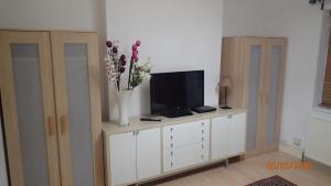 a tv on a cabinet with a vase of flowers at Hill Apartments in London