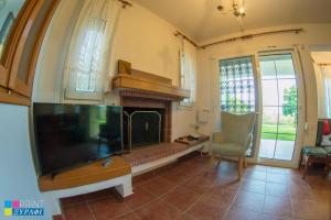a living room with a fireplace and a flat screen tv at The L Villa in Nea Peramos