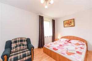 ein Schlafzimmer mit einem Bett und einem Stuhl in der Unterkunft Birutes Houses in Druskininkai