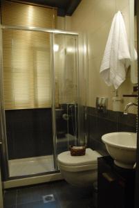 a bathroom with a shower and a toilet and a sink at Hotel Filoxenia in Portaria