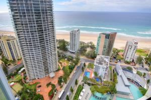 an aerial view of a city with the beach and buildings at Private Apartment with Ocean Views at Q1 Resort in Gold Coast