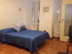 sypialnia z niebieskim łóżkiem i oknem w obiekcie Casa Micol w Trieście