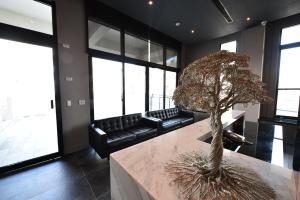 馬公市的住宿－天空格子商旅，一间客厅,在大理石台面上种着树