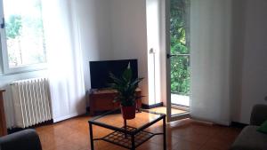 ein Wohnzimmer mit einem Tisch und einer Pflanze darauf in der Unterkunft Adda River Casa Vacanza in Calolziocorte