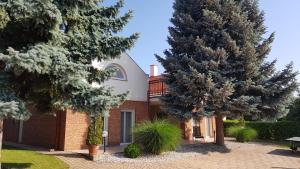 a house with two trees in front of it at Mimi Apartman in Balatonalmádi