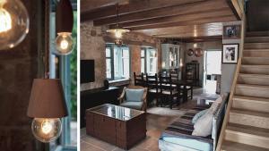 Órmos Marathokámpou的住宿－Villa Antonio，客厅和用餐室的两张照片
