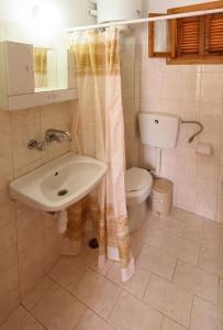 a bathroom with a sink and a toilet and a shower curtain at Oasis 2 in Neo Klima