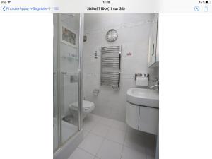 a bathroom with a shower and a toilet and a sink at Appartement Premium 100 m2 avec Jardin Privé Plage et Centre à 400 m in Deauville +9 photos