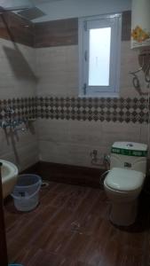 a bathroom with a toilet and a sink and a window at Himalaya Cottage in Manāli