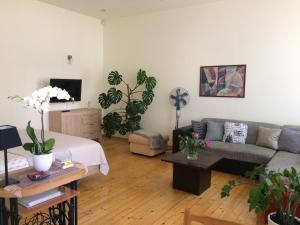 ein Wohnzimmer mit einem Sofa und einem Tisch in der Unterkunft Kranto Luxe Stay in Panevėžys