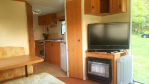 sala de estar con TV de pantalla plana y cocina en Camping de la Reuille, en Fléré-la-Rivière