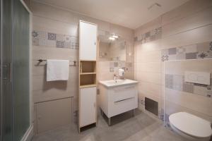 a bathroom with a toilet and a sink and a shower at Pension Union in Bled