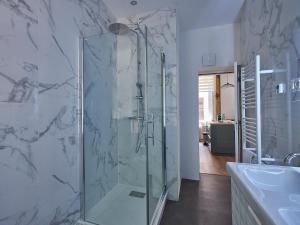 Un baño con ducha de cristal y lavabo. en Les Appartements Saint-Martin, en Colmar 36 fotos más