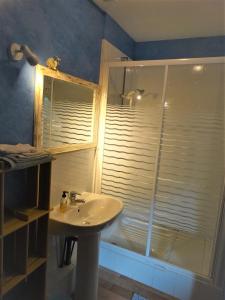 W łazience znajduje się umywalka i prysznic. w obiekcie Chambres d'Hôtes Le Clos Vaucelle w mieście Rapilly