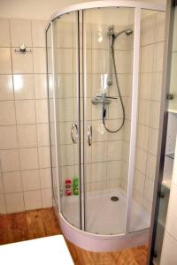 um chuveiro com uma porta de vidro na casa de banho em Ferienwohnungen Marktstrasse 15 em Quedlinburg