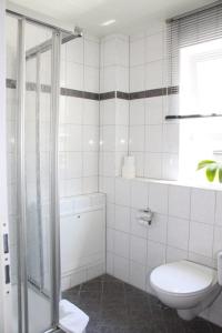 a white bathroom with a toilet and a shower at Hotel Gramlich in Heddesheim