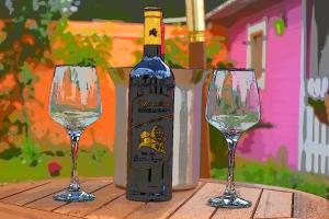 a painting of a bottle of wine and two wine glasses at Sa Mariposa in Muravera