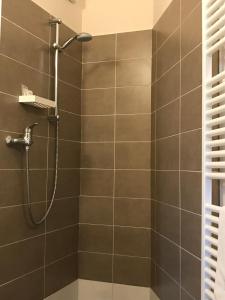 a shower in a bathroom with gray tiles at La Sosta Fuori Stazione in Brescello
