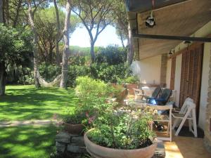 a garden with a patio with chairs and plants at Villa Ancora in Castiglione della Pescaia