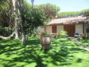a yard with a large planter in front of a house at Villa Ancora in Castiglione della Pescaia