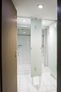 a bathroom with a shower and a glass door at GALAAXY Mountain Hostel in Laax
