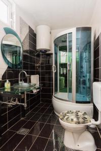 La salle de bains est pourvue de toilettes, d'un lavabo et d'un miroir. dans l'établissement Apartments G&M, à Vodice