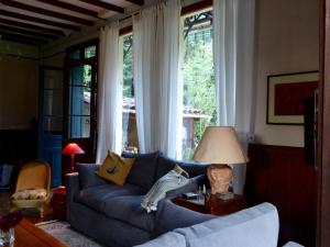 sala de estar con sofá azul y ventanas en Le Grand Chalet, en Aspet
