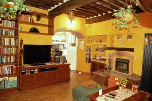 Casa Arcobaleno في باني دي لوكا: غرفة معيشة مع تلفزيون ومدفأة