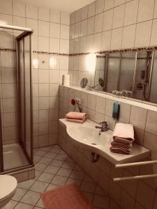 een witte badkamer met een wastafel en een douche bij hotel zentlinde in Mossautal
