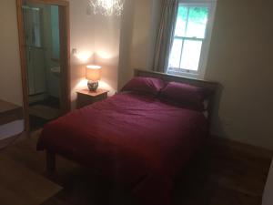 a bedroom with a bed and a window and a lamp at Yr Hen Feudy in Barmouth