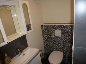 ein Badezimmer mit einem WC, einem Waschbecken und einem Spiegel in der Unterkunft Ferienwohnung Großmann in Dresden