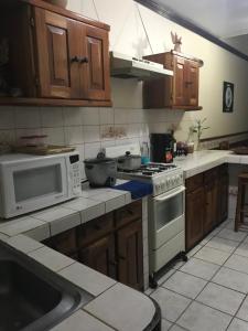 a kitchen with a stove and a microwave at Ruiselares in Puntarenas