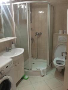 a bathroom with a shower and a toilet and a sink at Apartament Safir Mamaia in Mamaia