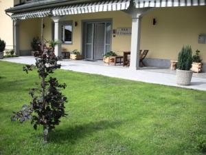 a tree in the grass in front of a building at B&B Il Crocevia in Teglio