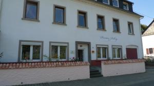 een wit gebouw met een hek ervoor bij Pension Röhrig in Hirzenach