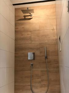 eine Dusche im Bad mit einer Holzwand in der Unterkunft FeWo Weisweil in Weisweil + 105 Fotos
