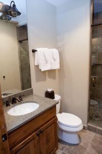 ein Bad mit einem WC, einem Waschbecken und einer Dusche in der Unterkunft 610 west lionshead circle unit 216 in Vail
