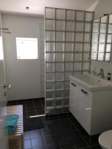 uma casa de banho com um lavatório, um WC e uma janela. em Tusindfrugt B&B em Store Heddinge