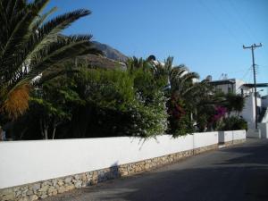 
a sidewalk with a fence and palm trees at Gryspo's Hotel in Aegiali
