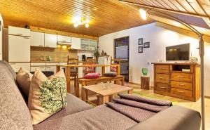 uma sala de estar com um sofá e uma cozinha em Ferienwohnung Dorfblick (Herzog) em Lindberg