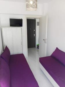 una camera con letti viola e TV di Milla Lux 1 a Paralia Katerinis