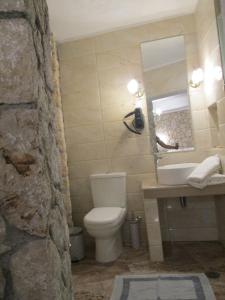 a bathroom with a toilet and a sink and a mirror at Korina Studios in Paleokastritsa