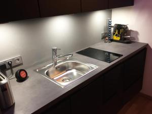eine Küchentheke mit einer Spüle aus Edelstahl in der Unterkunft 21st Appartement in Düsseldorf