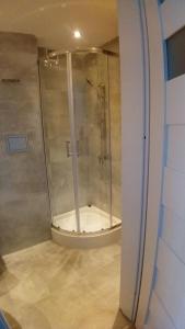 een badkamer met een douche en een glazen deur bij Apartament Olsztyńska Giżycko in Giżycko