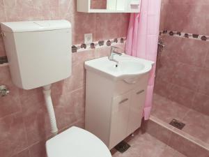 a bathroom with a white toilet and a sink at Guest House Dragomir in Sutomore
