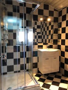 La salle de bains est pourvue d'une douche et d'un lavabo. dans l'établissement D&D Budva, à Budva