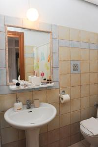 a bathroom with a sink and a mirror and a toilet at Ξενώνας Κερκινίτης in Lithótopos
