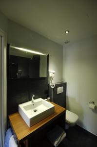 a bathroom with a sink and a toilet and a mirror at De Heidebloem in Zoersel